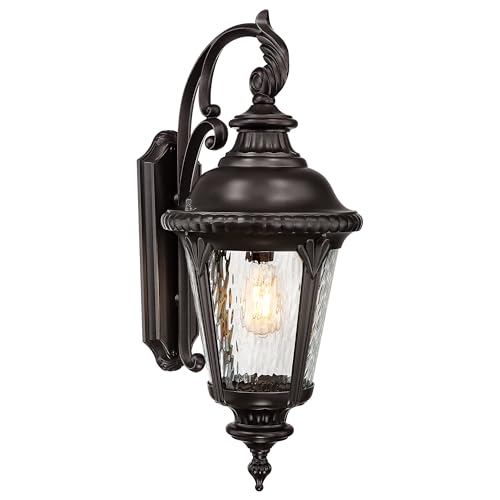 Image of Emliviar 28.4 inch Farmhouse Exterior Waterproof Wall Lantern, Oil Rubbed Bronze Outside Porch Sconce Lighting with Water Ripple Glass Shade for Garage and Patio, XE265B ORB-SW