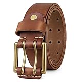 Picture of OZNDAS Real Leather Belts for Men Work Heavy Duty Double Prong Men's Belt Jeans Casual Mens Belts Leather Christmas Gifts Brown Mens Leather Belt with Gold Buckle