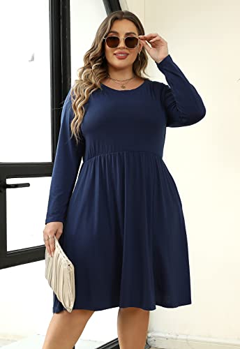 Image of Nemidor Women's Round Neck Long Sleeve Casual Plus Size Fit and Flare Midi Dress with Pocket NEM169