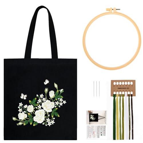 JSRQT Kit da Ricamo per Borsa in Tela per Principianti Adulti, Kit per Punto Croce Stampato con Motivo a Rosa Bianca, Borsa da Ricamo Fatta a Mano Artigianato con Cerchio, Aghi e Fili, Nero