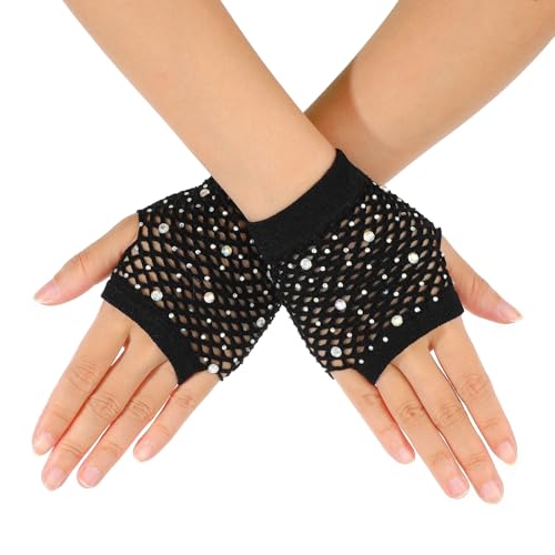 Lusofie Netzhandschuhe mit Strasssteinen Damen 90er Kurze Nylon 80er Jahre Partyzubehör Netz Fingerlose Fischnetz Handschuhe für Cosplay Halloween...