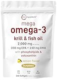 Mega Omega-3 Krill & Fish Oil 2,000mg Equivalent, 240 Softgels | Lemon Flavored | Burpless | Essential Fatty Acids & Astaxanthin | EPA 350mg + DHA 230mg | Heart & Brain Supplement