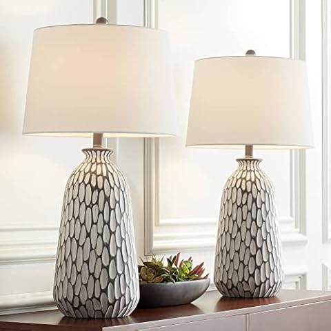 360 Lighting Carlton Modern Coastal Table Lamps 28 1/4" Tall Set of 2 Gray Wash Off White Fabric Tapered Drum Shade for Living Room Bedroom House Bedside Nightstand Home Office Family Cover