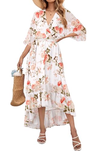LUXVEER Women's Wrap Floral Dress Short Sleeve Casual Loose Ruffle A-Line Flowy Wedding Guest Chiffon Long Midi Garden Party Dresses White