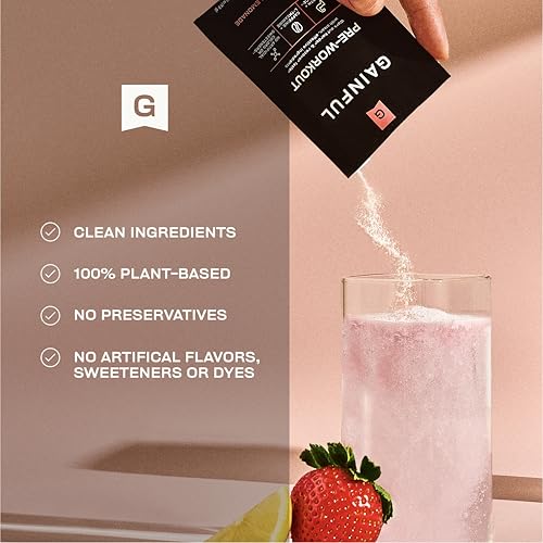 Image of Gainful Pre Workout Powder with Natural Caffeine & L Theanine for Energy & Focus, L Citrulline & Beta Alanine for Endurance, BCAA's for Muscle Recovery, Vegan, Strawberry Lemonade, 10 Ct