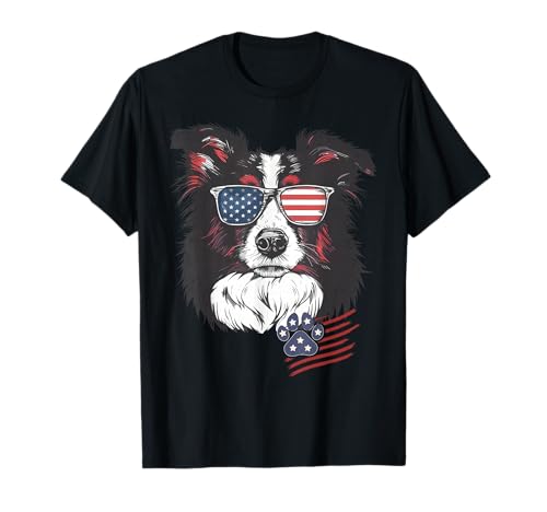 Patriotic Border Collie Sunglasses Paw US Flag 4th of July T-Shirt