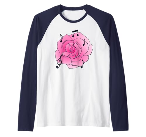 Arte de rosa musical con notas musicales músico amante de las flores Camiseta Manga Raglan