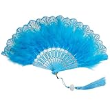 Fumwase Foldable Feather Fan Embroidered Flower Handheld Chinese Folding Fans 1920s Feather Fan Flapper Hand Fan for Costume Party Wedding Dancing Decoration (Light Blue)