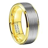 TUTISS 8mm Gold Tungsten Rings for Men Women Fashion Engagement Wedding Bands Silver Brushed Top Stepped Beveled Comfort Fit Size 11