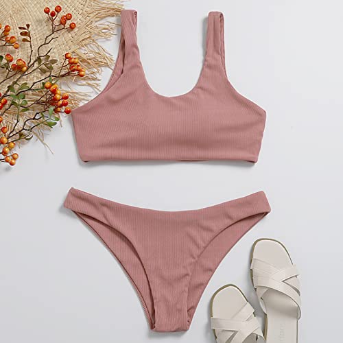Lnmuld Women Bikini Swimsuits Plus Size Tankini Women Soild Print Bikinis Swimsuit Sexy Bikini Set Two Pieces Beach Bathing Pink #TOP1