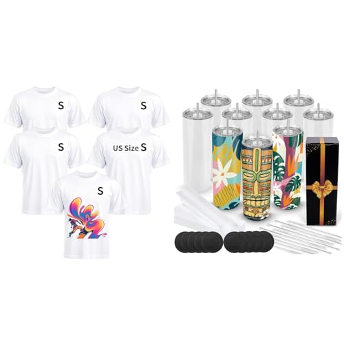 Joyclub Bundle of 5 Pack Sublimation Blanks Bulk Wholesale White Polyester T Shirts and 10 Pack 20 oz Sublimation Tumblers Blanks