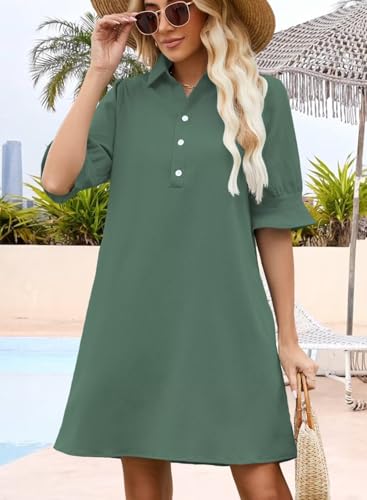Image of Womens Summer Shirt Mini Beach Dresses | Flowy Shift Dress, Button V Neck, Polo Collar, Ruffle Short Sleeve, Floral Boho Style, Casual Vacation Outfits with Pockets
