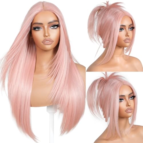 BrownBomb Pink Wear and Go Glueless Wigs Light Pink Synthetic Lace Front Wigs Pre Plucked Pre Cut Long Layered Straight Wigs with Curtain Bangs For Woman middle Part Wig 26 Inch for Beginners