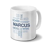 printplanet Tasse mit Namen Marcus Positive Eigenschaften Tagcloud - Blau - Namenstasse, Kaffeebecher, Mug, Becher, Kaffeetasse
