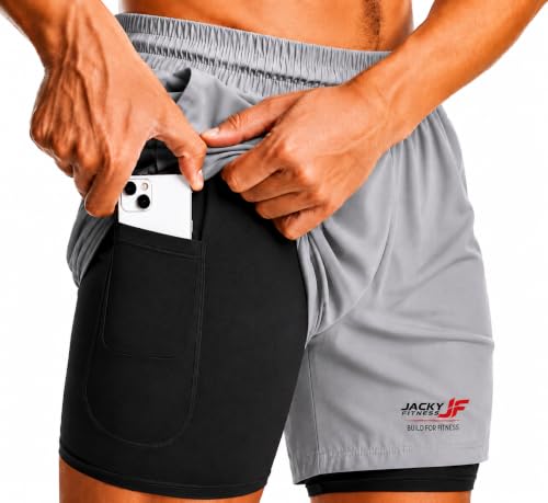 Image of Men's 2-in-1 Dual Layer Workout Shorts with Compression Liner, Phone Pocket, Quick-Dry Athletic Running Shorts for Gym, Training, Sports & Fitness