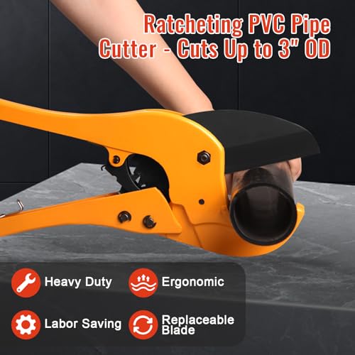 Image of PVC Pipe Cutter - Cuts Up to 2-7 /8 inch, Ratchet Type PVC Cutter SK5 Blade and Aluminum Alloy Body, One-hand Rapid Cutting Tool for PEX, PVC, and PPR Pipe