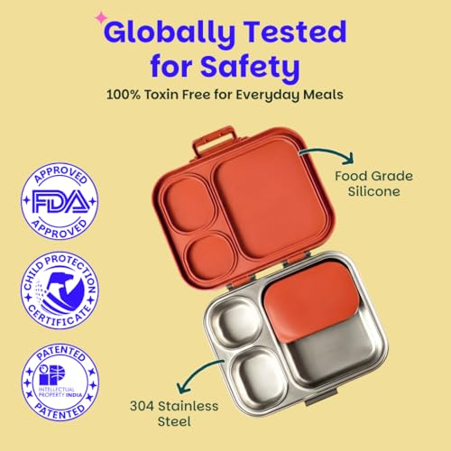 Image of Basil Bento Box Quad Plus - 4 Compartment Stainless Steel Lunch Box (1020ml) with BPA-Free Lid | Leak-Proof Tiffin for Kids & Adults | Premium Lunch Box for School, Office & Picnic - Jaipur Jaali