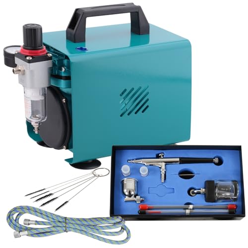 Aerografo Professionale ULTIMATE II con compressore molto silenzioso, pistola a doppia azione con 3 beccucci + aghi + tazza per colore + vetro, tubo per aria compressa e SET di spazzole di pulizia