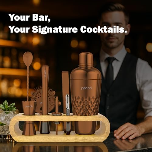 Image of O' Holic by Perch 10-Piece Bartender Kit with Mango Wooden Stand|Cocktail Shaker Gift Set with Jigger,Strainer,Spoon, Muddler,Pourers,Tongs & Corkscrew|Home Bar Accessories for Mixing Drinks|Rose Gold