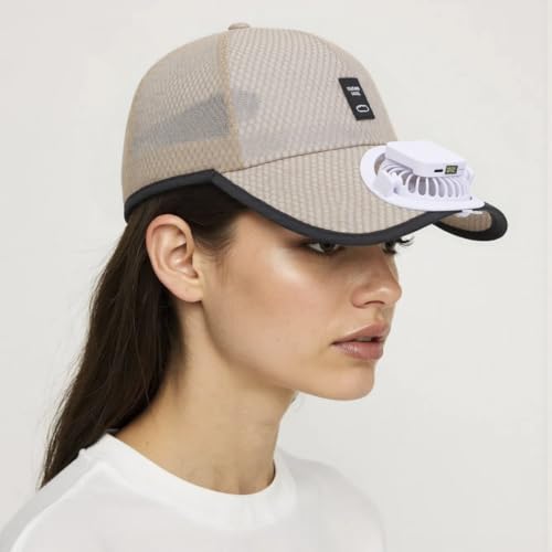 Mens Mesh Baseball Hat with Builted-in Fan Womens UV Protection Large Brim Trucker Dad Cap Tennis Golf Visors Summer Outdoor Beach Sun Hats Ponytail Cycling Fishing Running Caps Beige