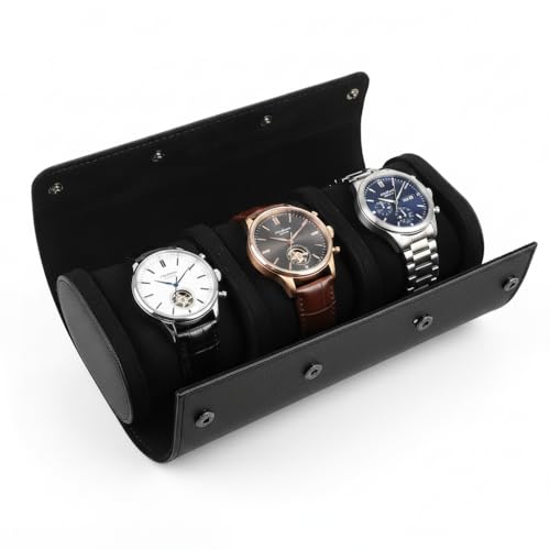 VILLCASE 3 Slot Watch Travel Case, PU Leather Watch Roll Case with Removable Pillows, Portable Watches Storage Box Organizer for Men and Women (Black)