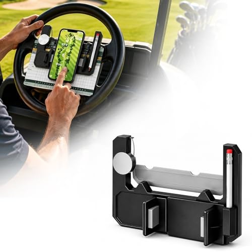 Golf Cart Steering Wheel Cell Phone Mount Flip Up Golf Steering Wheel Phone Mount with Scorecard Slot 360 Adjustable Golf Cart Phone Holder Steering Wheel for Mobile Phone Mount