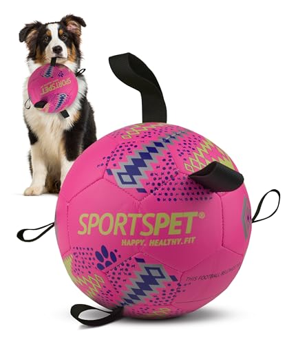 SPORTSPET Dog Football with Grab Tabs Durable Interactive Dog Volleyball Floating Water Dog Toy for Indoor & Outdoor Play Dog Ball for Dog Birthday Gift (Pink - Medium)