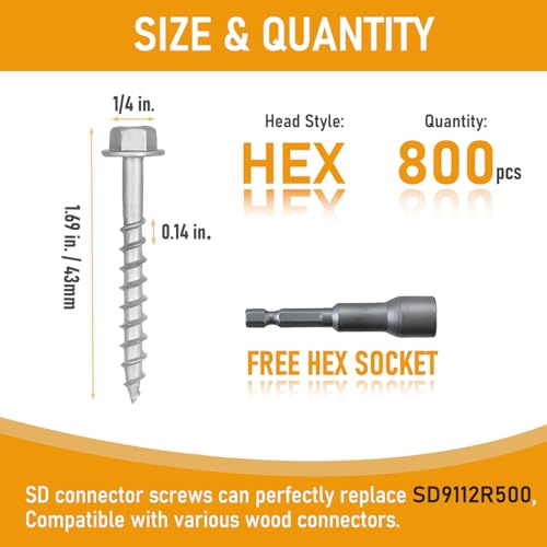 (800 Pack) #9 x 1-1/2" Heavy Duty Joist Hanger Screws, 1/4" Hex Head Wood Screws with 0.370" Dia Deck Screws, Replace SD9112R500 10D Nails miniatura 4