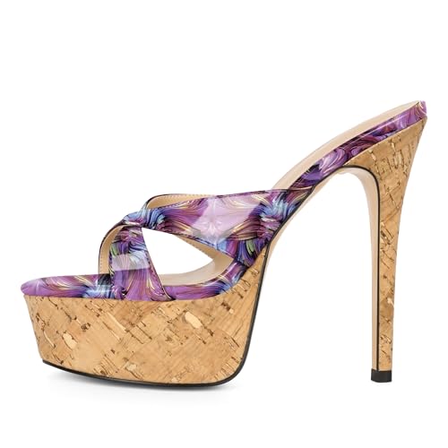 Image of Esvowido Heeled Mules for Women Cork Platform Stiletto Heels Slip on Open Toe High Heeled Sandals Crisscross Slippers Pumps Shoes