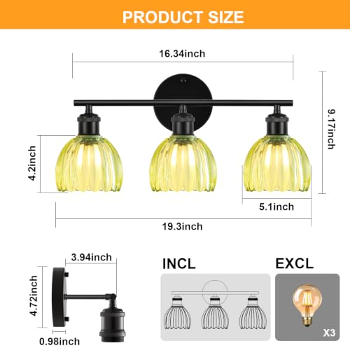 Image of Bathroom Light Fixtures, 3-Light Brushed Black Vanity Lights for Bathroom with Green Tulip Glass Shade, 20 inch Vintage Bathroom Vanity Lighting Fixtures Over Mirror for Bedroom Living Room Hallway