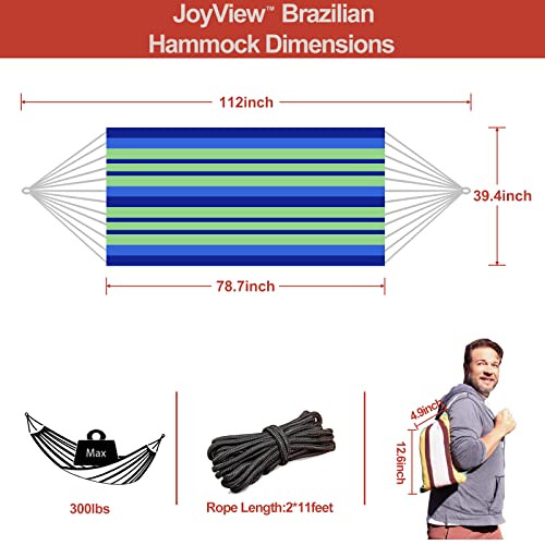 Joyview Brazilian Hammock For Single Preson Portable Hammock With Hanging Ropes & Carry Bag Large 78.8X39.4” Cotton Hammock For Patio 300Lbs Capacity Perfect For Outdoor/Indoor - Blue Stripes #TOP1