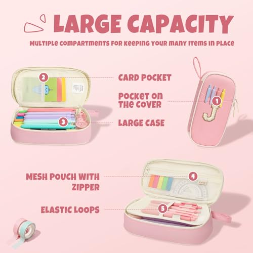 Image of SUNEE Cute Pencil Case, Kawaii Big Capacity Pencil Pouch, Personalized Initial Pencil Bag with Zipper, Stationery Storage and Organizer, Back to School Supplies, Pen Box for Girls & Boys, Teen, J-Pink