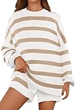 MEROKEETY Women's 2 Piece Sweater Lounge Sets Striped Long Sleeve Shorts Oversized Matching Outfits, KhakiCombo, Medium