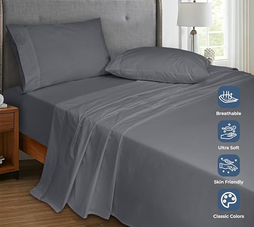 Image of Royale Linens 100% Organic Cotton Queen Flat Sheet Only - Super Soft - Percale Top Sheets - Queen Flat Sheet Sold Separately - Breathable, Cool & Crisp Grey Sheets Only (90 inch x 102 inch, Grey)