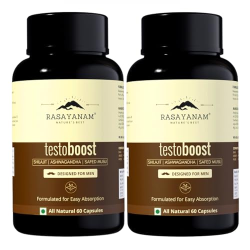 Image of Rasayanam Testoboost (500mg) | 3-in-1 T-Level Supplement for Men with Shilajit, Ashwagandha & Safed Musli | Supports Muscle Growth, Energy, Strength, Stamina & Performance - 60 Capsules each (Pack of 2)