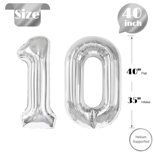 Image of Silver Number 10 Balloon 40 inch, 10 Number Balloons, 10th Silver Birthday Decorations, 10 Year Old Silver Party Supplies