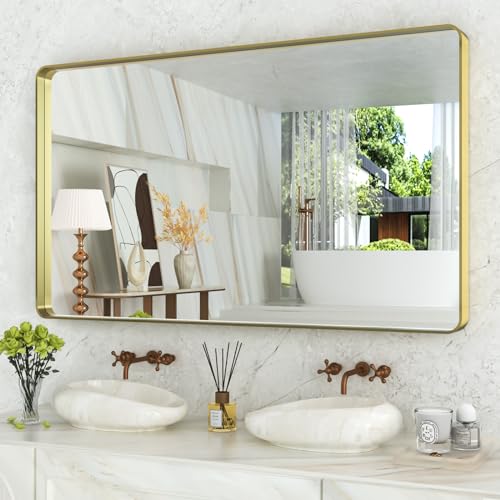 WEER Gold Bathroom Mirror, 55X30 Inch Brushed Gold Metal Frame Mirror, Rounded Rectangle Gold Bathroom Vanity Mirror for Wall, Tempered Glass, Anti-Rust, Hangs Horizontally or Vertically