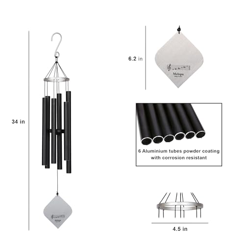 Image of 6 Pipe Large Wind Chimes for Home, Garden, Balcony & Vastu Pooja - Black | Hanging Bells for Home Decoration | Deep Tone Aluminum Wind Chime | Return Gift & Positive Energy Decor