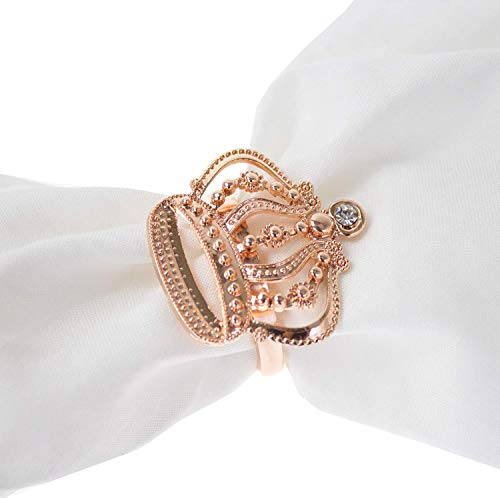 Fennco Styles Gorgeous Crown Metal Jeweled Napkin Rings, Set of 4 - Rose Gold Plated Napkin Holders for Home Decor, Dining Table, Banquets, Family Gathering and Special Occasions