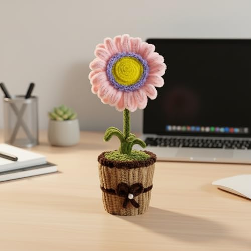 Image of Handmade Artificial Flower Pot for Home Decor | Cute Fuzzy Wire Pipe Cleaner Flower Plant | Aesthetic Tabletop Decorative Pot for Home, Office & Gifting (Soft Bloom :- Purple-BabyPink)
