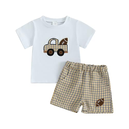 Baby Boys Summer Outfits Car/Football Embroidery Short Sleeves T-Shirt and Plaid Shorts Set 2 Piece Casual Clothes (A-White, 3-4T)