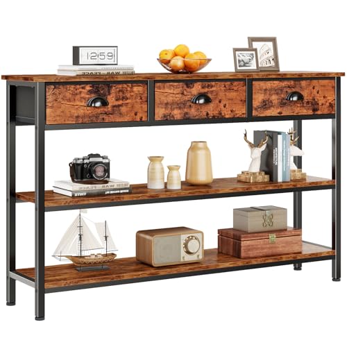 Furologee Long 47" Console Sofa Table with 3 Drawers, Entryway Table with 3-Tier Storage Shelves, Industrial Display Shelf for Entry Way, Hallway, Couch, Living Room, Kitchen, Foyer, Rustic Brown