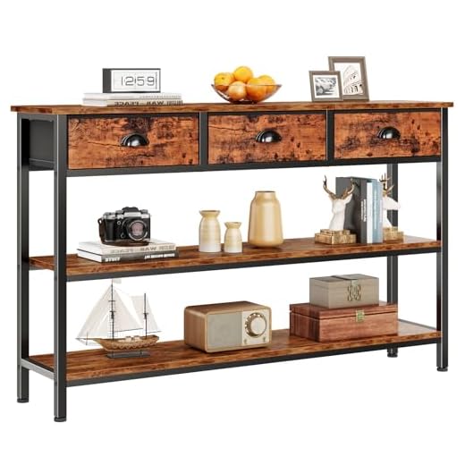 Long 47" Console Table with 3 Drawers, Entryway Table with 3-Tier Storage Shelves, Narrow Sofa Table, Industrial Display Shelf for Entry Way, Hallway, Couch, Living Room, Kitchen, Foyer, Rustic Brown