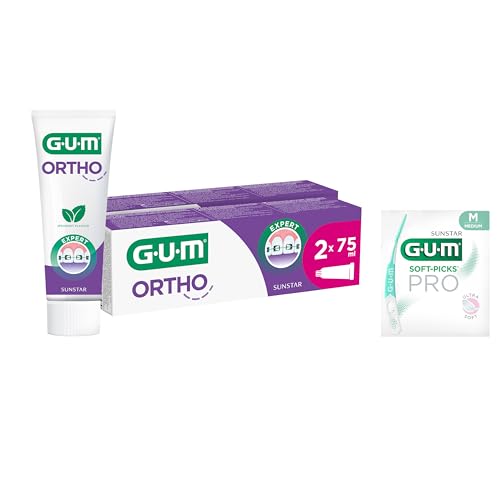 GUM Ortho - Gel dental especial para portadores de ortodoncia, reduce la formación de placa, fortalece el esmalte dental, sabor a menta, 2 x 75 (con 1 muestra gratis)