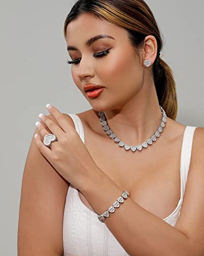 Lulu Mel Hip Hop Jewelry 12Mm Heart Baguette Necklace, Iced Out Heart Choker Necklace Full Cz 18K Gold Plated Cuban Link Chain (16 Inches, Silver) #TOP1