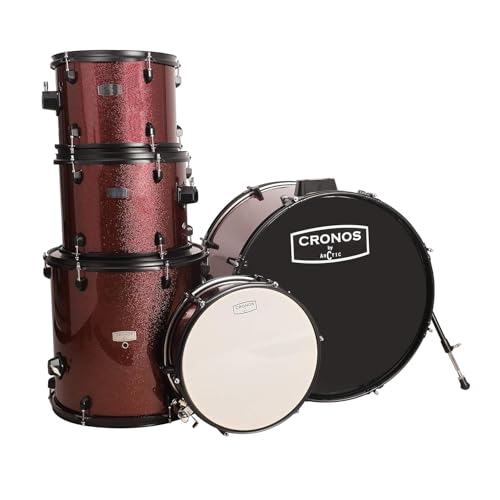 Image of ARCTIC CRONOS 5 Piece Complete Acoustic Drum Kit /Drumset with drumsticks, Cymbals and throne - Nickel Hardware. Best Sounding shells, most durable build, Professional level Configuration. (Red)