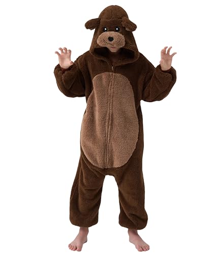 Solvienne Kids Bear Animal Onesie Zip Up Flannel One Piece Pajamas with Pockets for Boys and Girls Halloween Costume Cosplay Loungewear