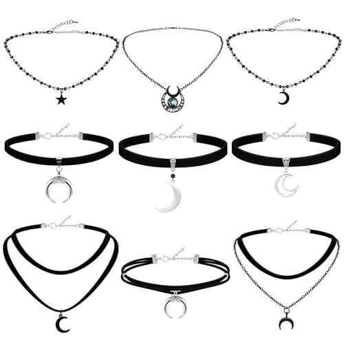 9 Pcs Gothic Choker Necklace for Women Black Star Moon Vintage Y2k Rock Necklace for Mother's Day Jewelry Gift