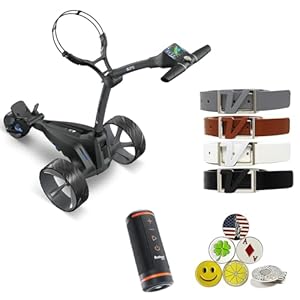 Motocaddy New M5 GPS Electric Caddy Cart Bundle with Holders for Umbrella/Scorecard/Drink, Device Cradle, Bushnell Wingman, Volvik Leather Belts, 5 Ball Markers & 1 Magnetic Hat Clip