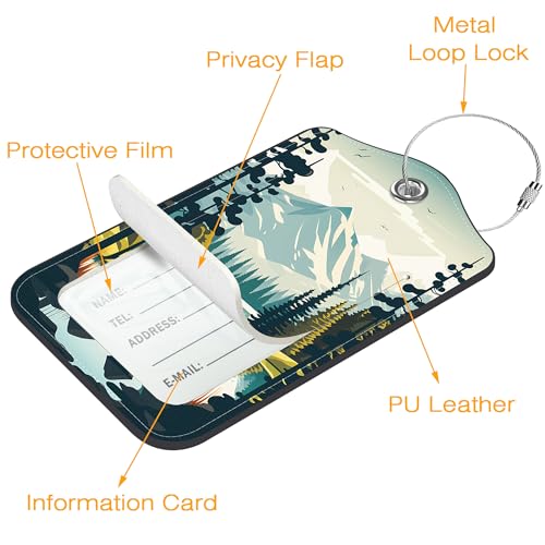 3 Pack Luggage Tag for Suitcase Mountain Lake Scenery Leather Travel Cruise Luggage Tag with Stainless Steel Loop Name ID Label Privacy Cover for Adults Teens Travel Bag Labels Set3